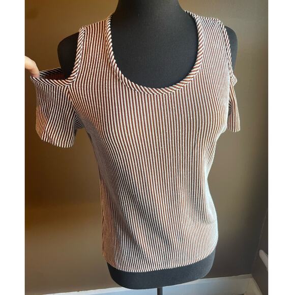 Rae Republic Large Women's Cold Shoulder Top Striped Blouse Shirt - Picture 5 of 6